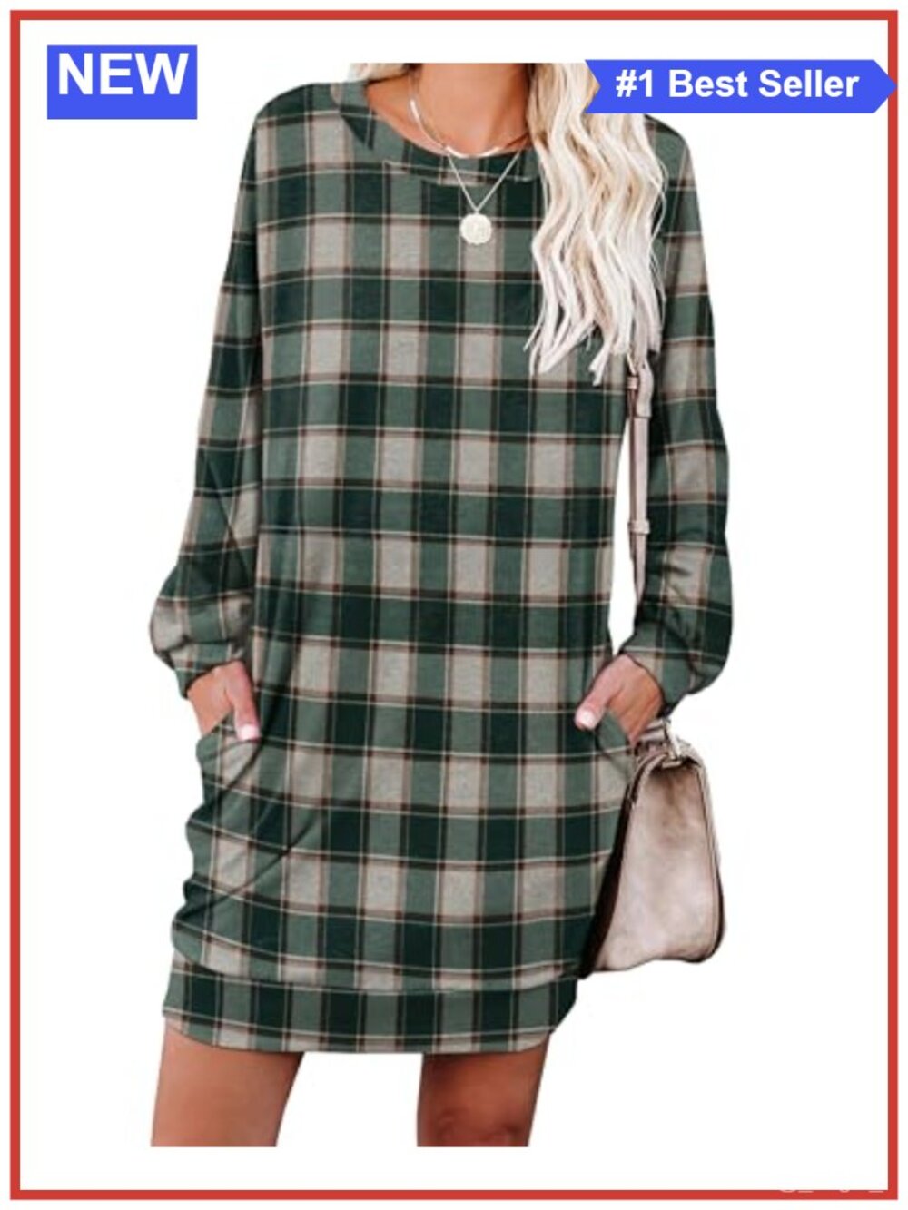 Women's Casual Sweater Dress Crewneck Loose Fit Tunic with Side Pockets